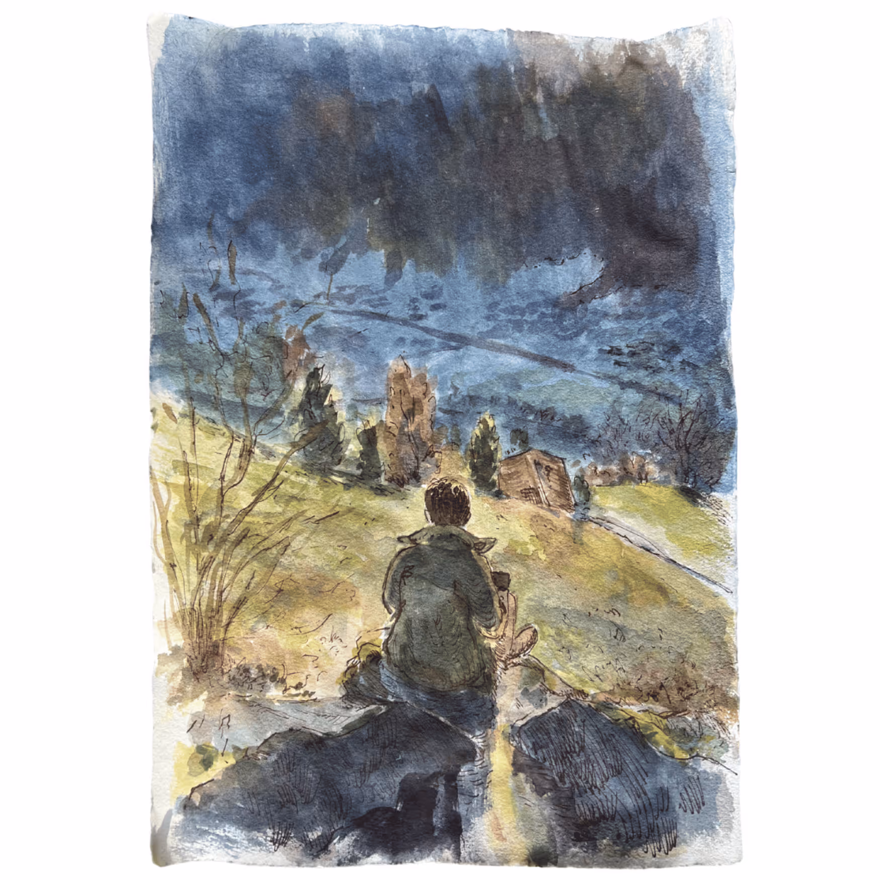 Painting by Yves Michael - Scheinbild showing two boys in from of a window. As one drinks from a bottle the other leans away from the viewer