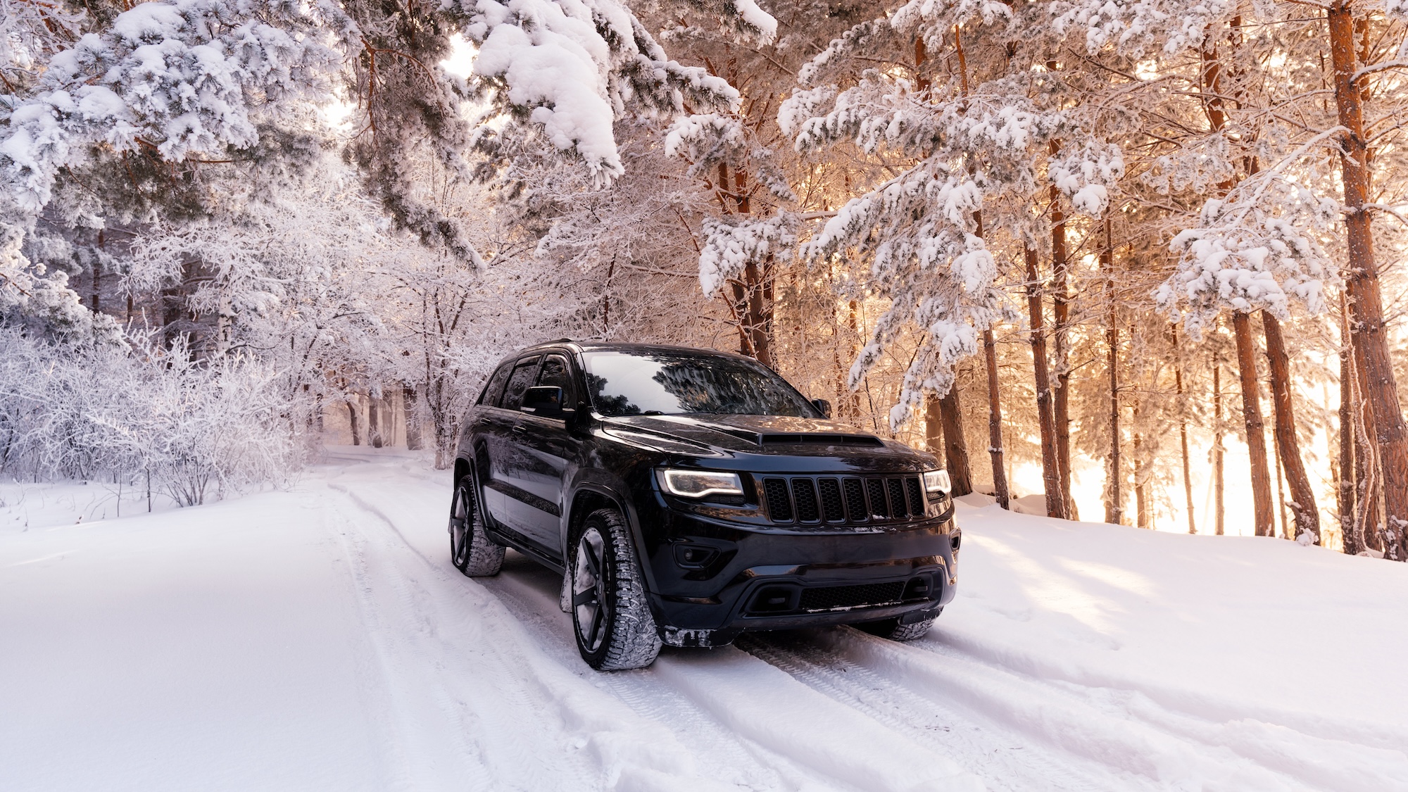 A Jeep Cherokee black car driving through snowy trees