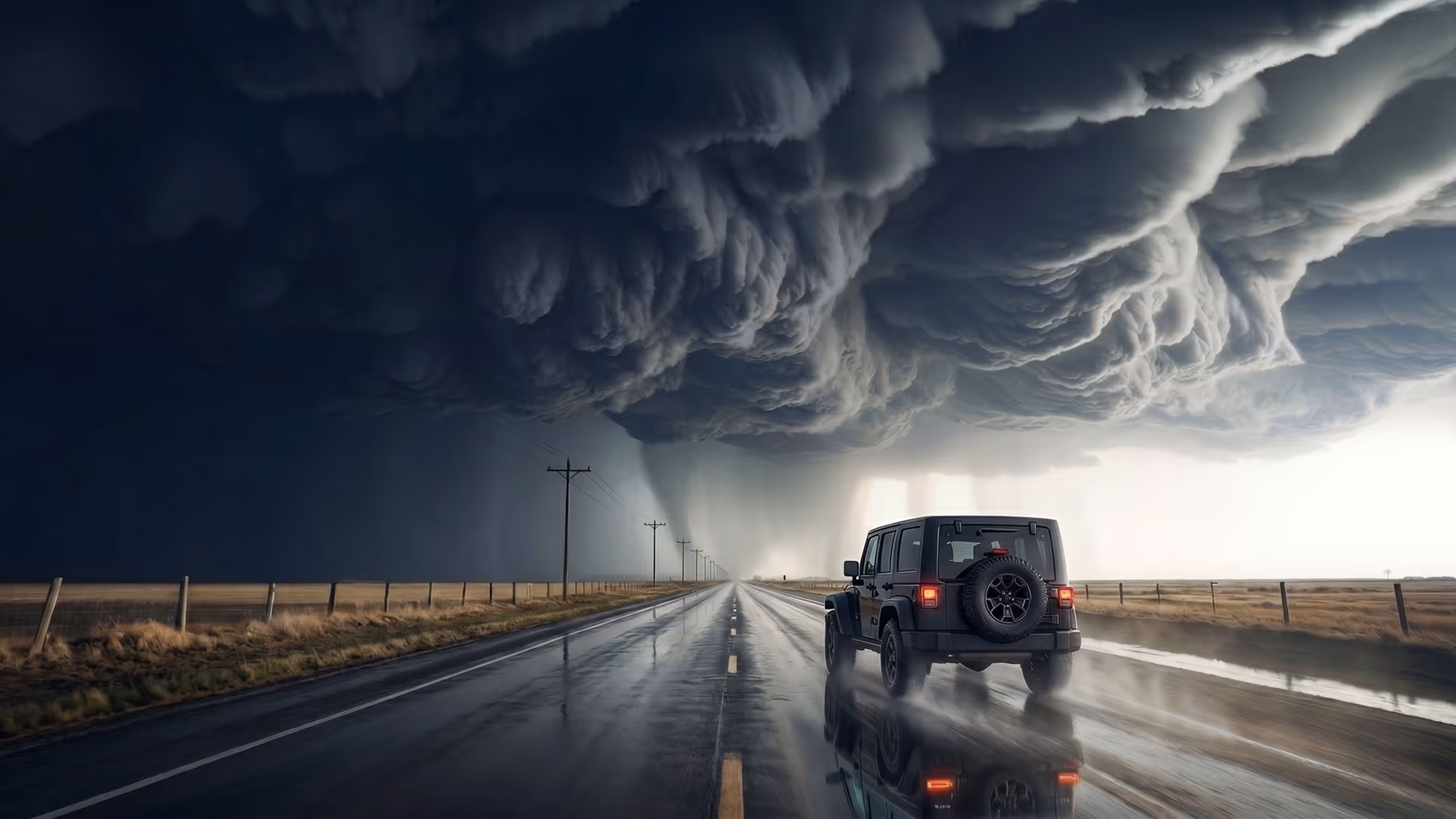 Black vehicle driving on highway with storm ahead in the distance