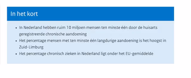 Samenvatting in cijfers van chronische ziekten in NL