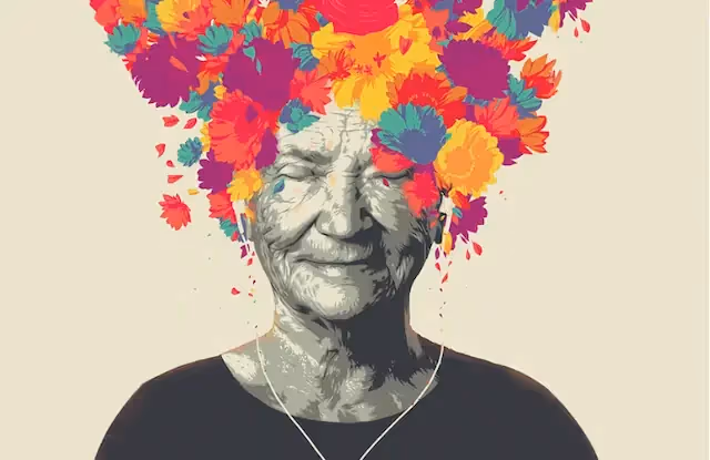 Illustratie van oude vrouw met kleurrijke 'tooi'