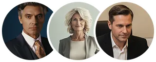 Trois portraits d'affaires : un homme en costume marron, une femme blonde en blazer gris, un homme en costume noir.