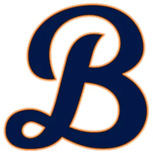 Large stylized navy blue letter B with orange outline