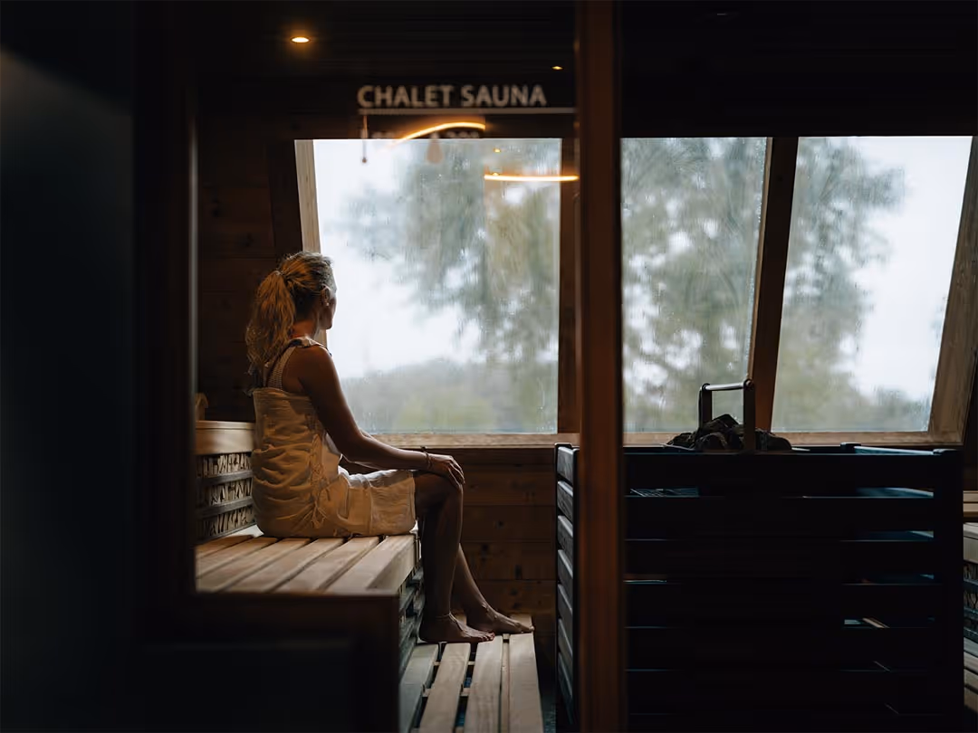 Chaletsauna mit Blick auf den Thunersee im Deltapark Vitalresort