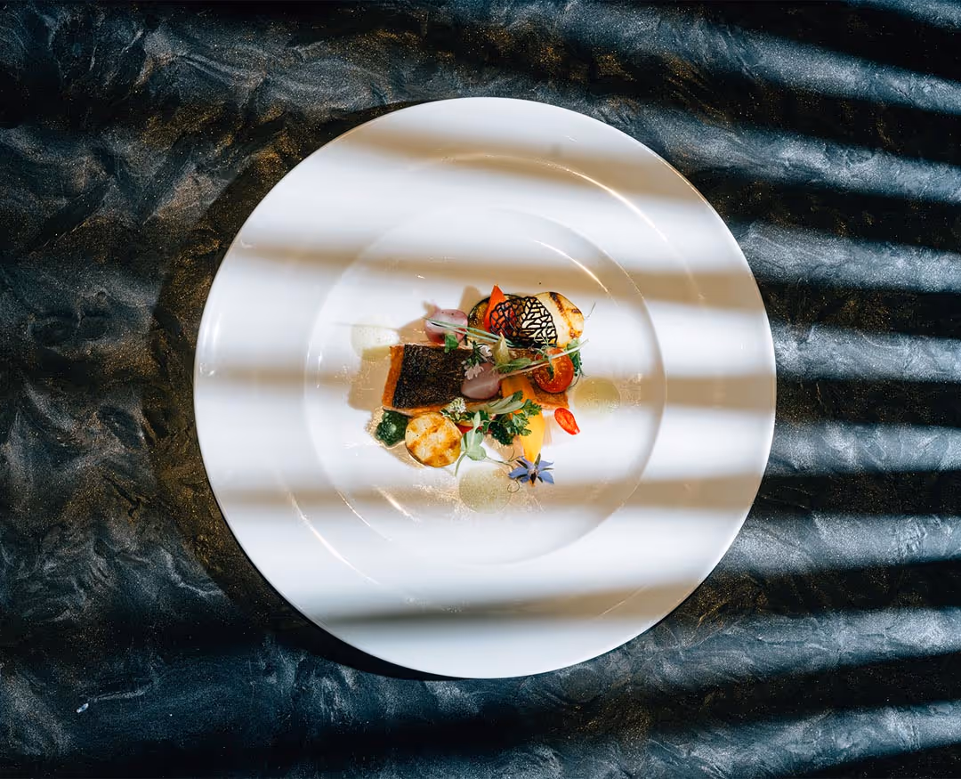 Beautifully prepared dish with fish and vegetables