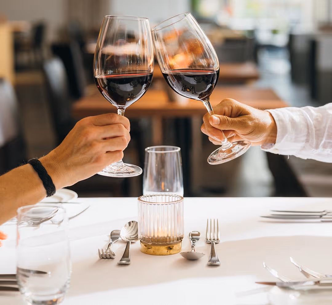 Zwei Weingläser die anstossen mit einem Wein aus dem Weinkeller des Deltapark Vitalresort