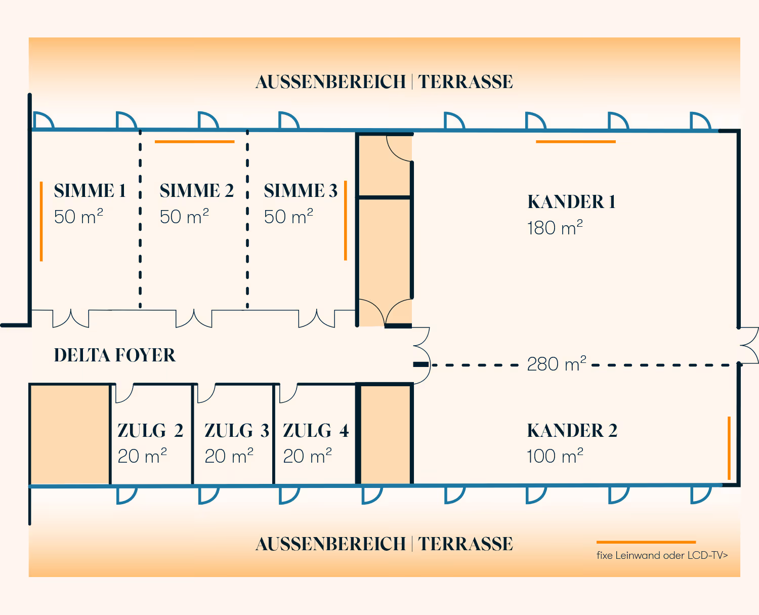 Floor plan of the seminar rooms in the main building of the Deltapark Vitalresort