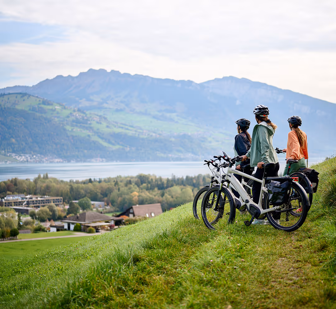 Personen auf einer Fahrradtour in der Region mit Blick auf den Thunersee