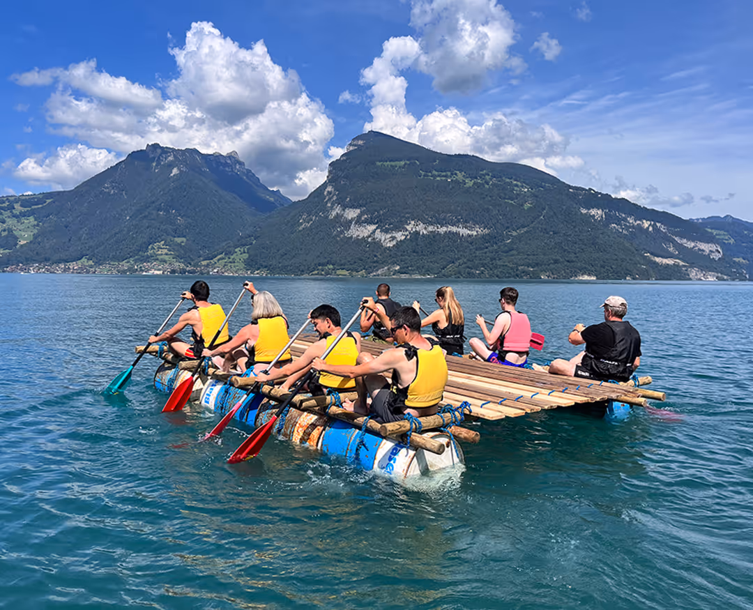 Raft building by a team on Lake Thun