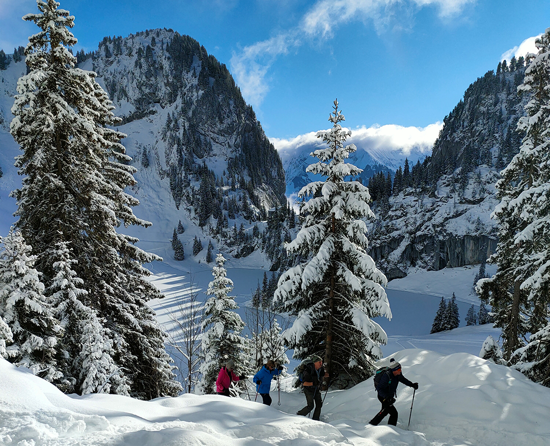Deux personnes font une randonnée en raquettes sur le Stockhorn