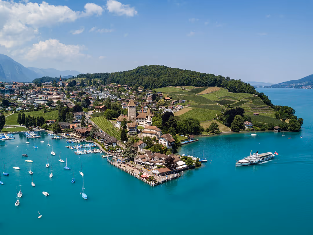 View of Spiez Bay with Spiez Castle and Lake Thun