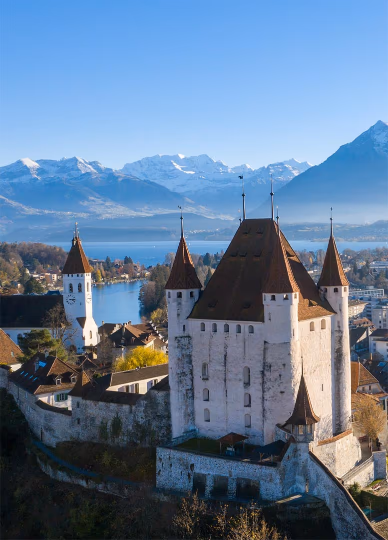 Thun Castle with a view of the Bernese Alps