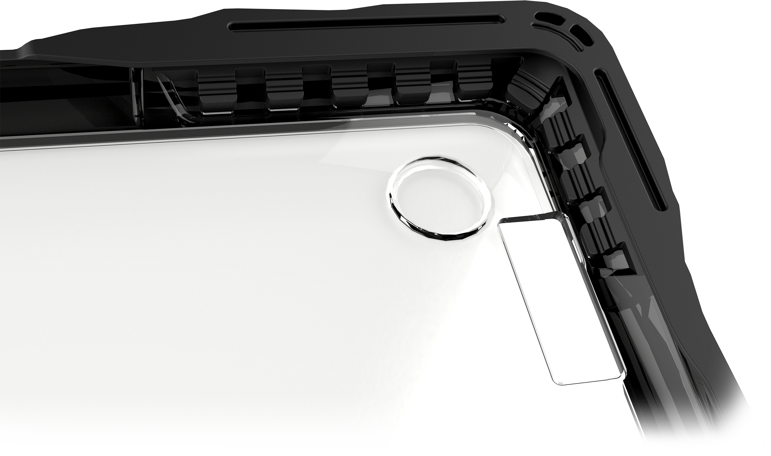 Closeup on the drop protection corner of an empty case