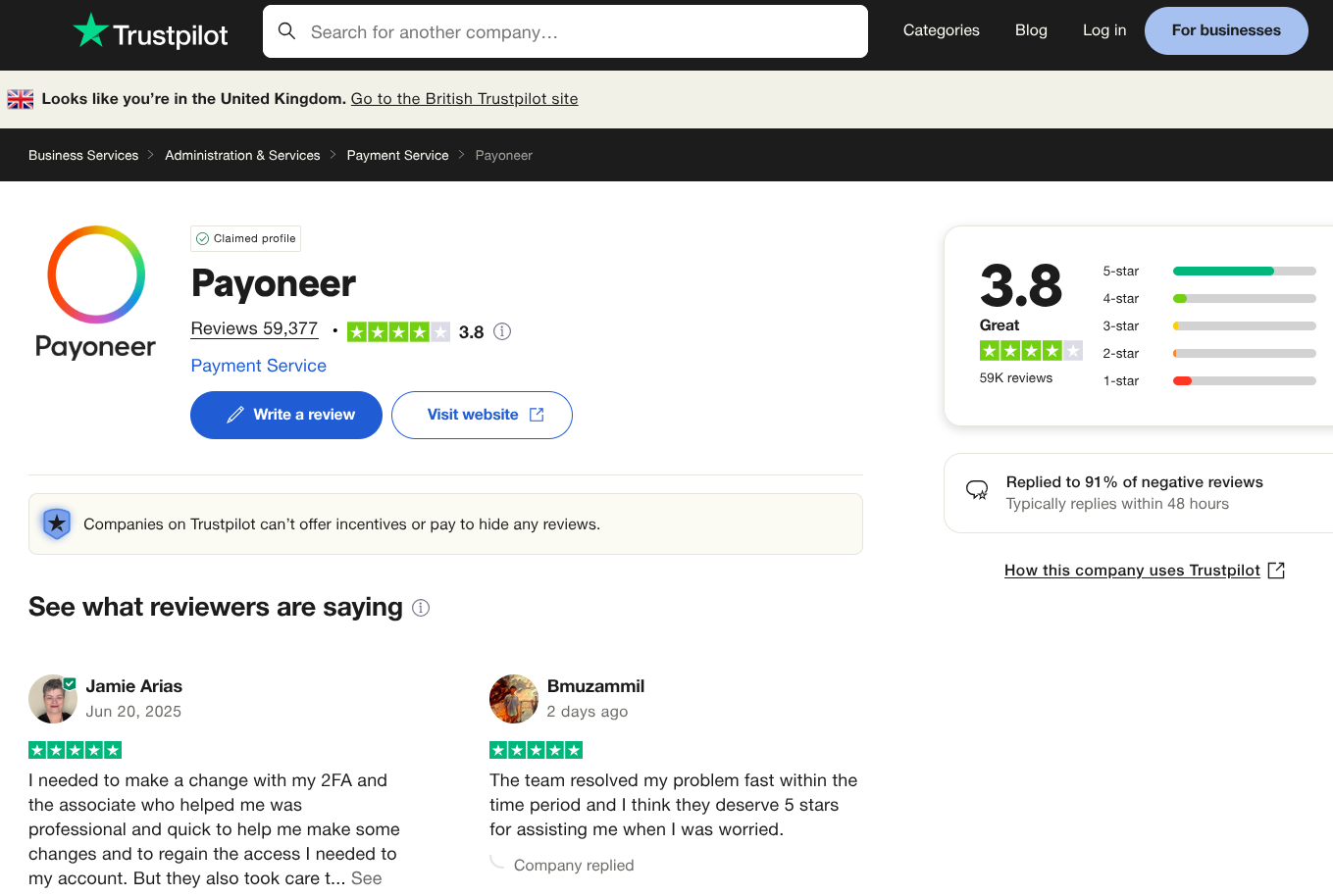 Payoneer trustpilot review