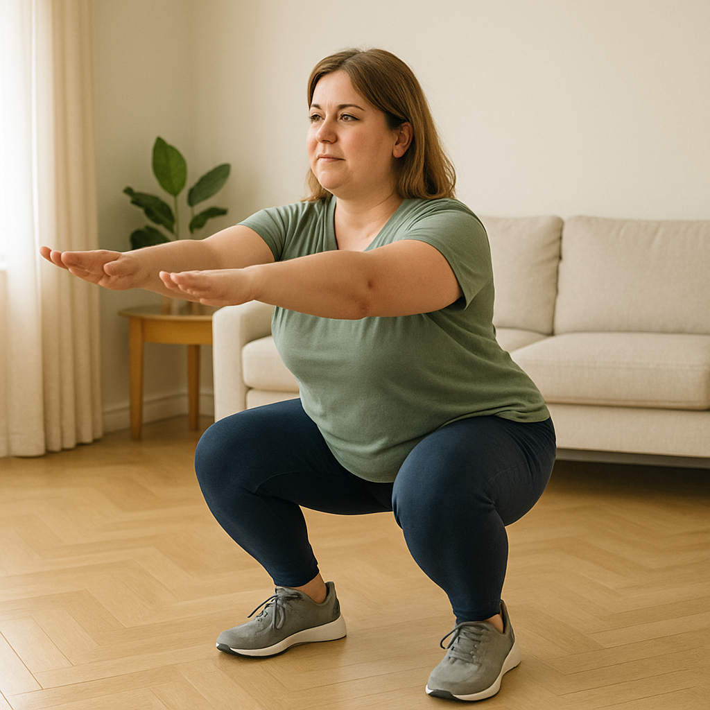 young professional doing dynamic stretching in bright living room, focused and determined