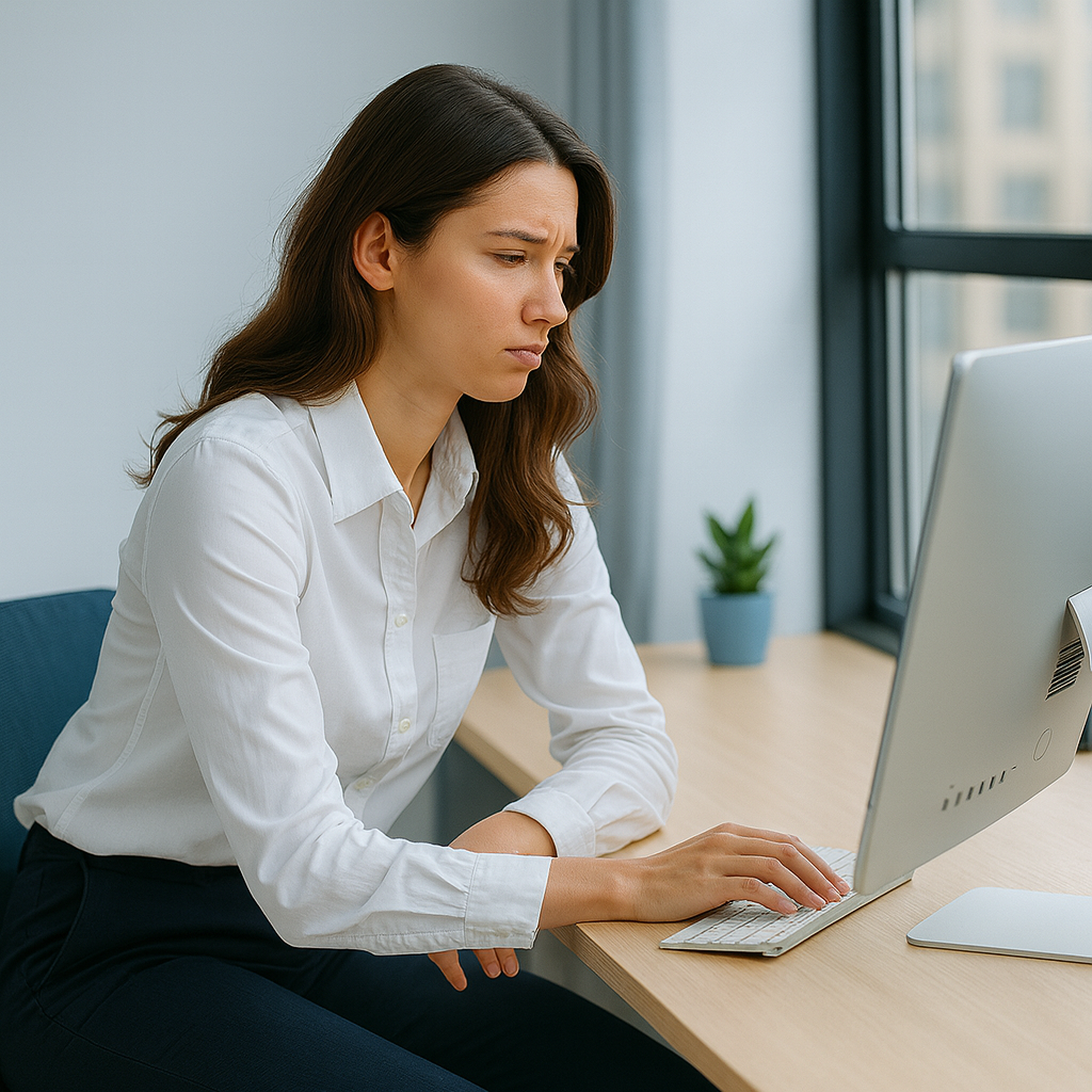 professional woman doing desk stretches in modern office, natural lighting, energetic pose