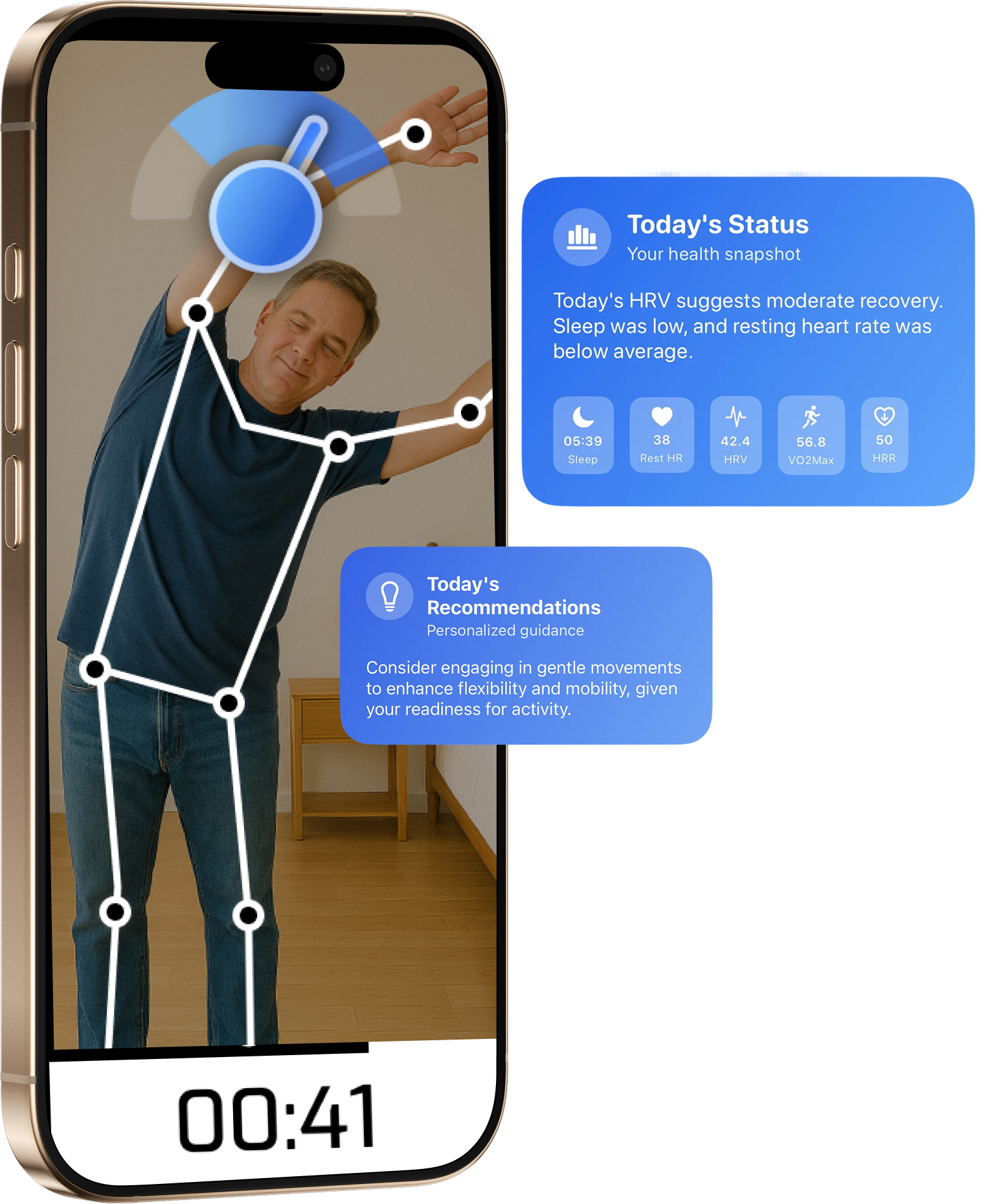Jinni biometric analysis displayed in floating blue cards around a guided stretch