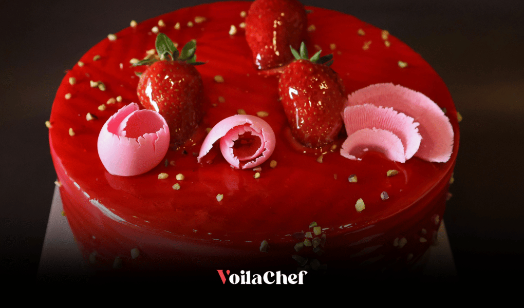 Entremets avec un glaçage miroir rouge brillant
