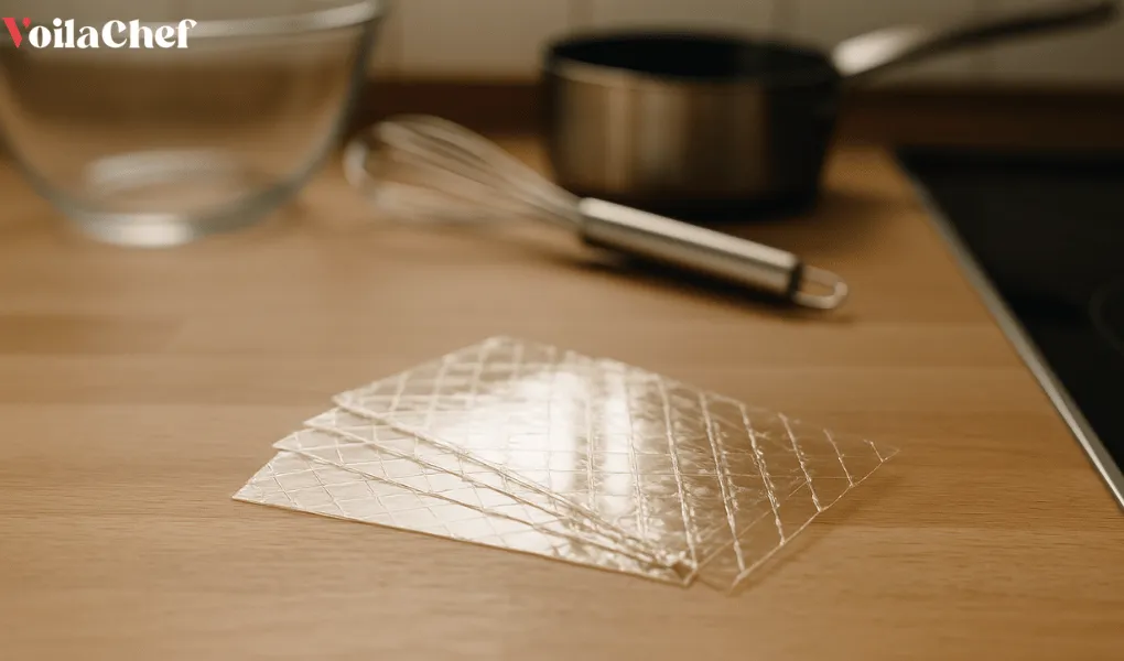 Feuilles de gélatine sèches posées sur un plan de cuisine