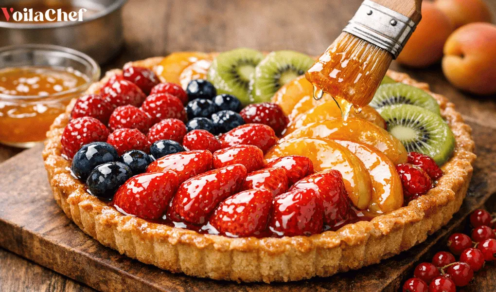tarte aux fruits nappée avec un glaçage brillant appliqué au pinceau