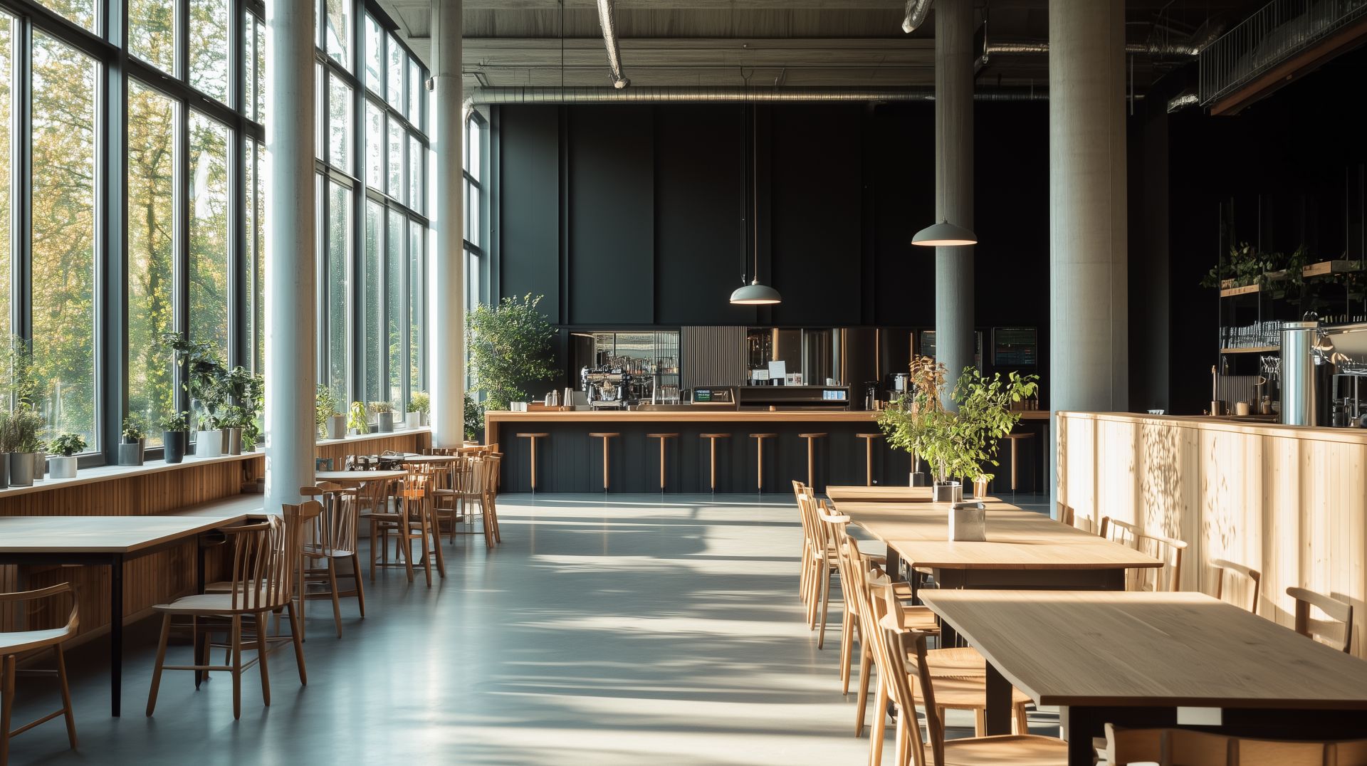 Großzügige Betriebskantine mit Loftfenstern, Holzmöbeln und Pflanzen – ESG-Konzept für Arbeitswelten in Hamburg.