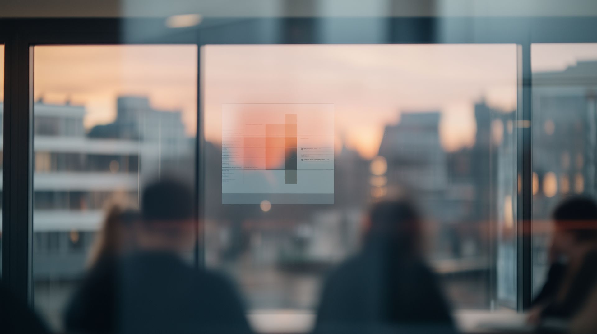 Blurred team scene with transparent energy dashboard at sunset – ESG data analysis and consulting in Hamburg.