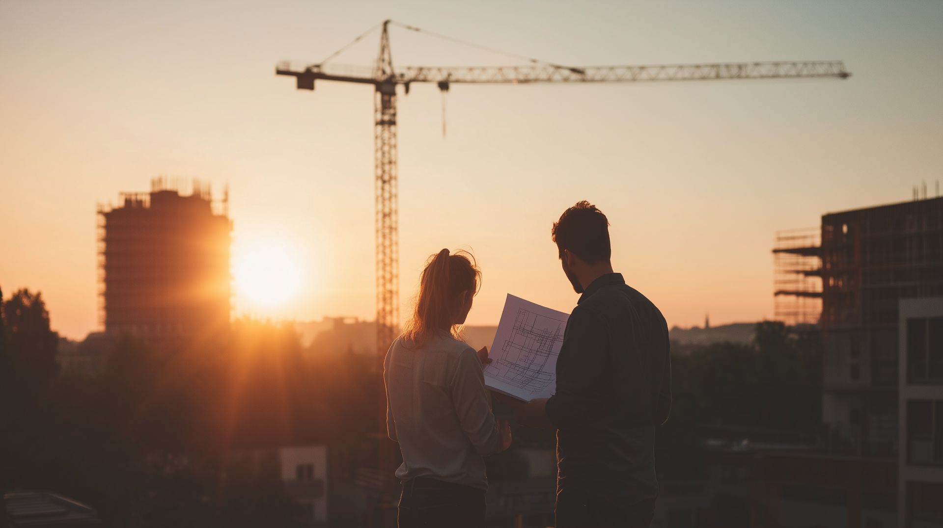 Client couple looking at plans in front of a crane at sunset – client representation and project support in Hamburg.