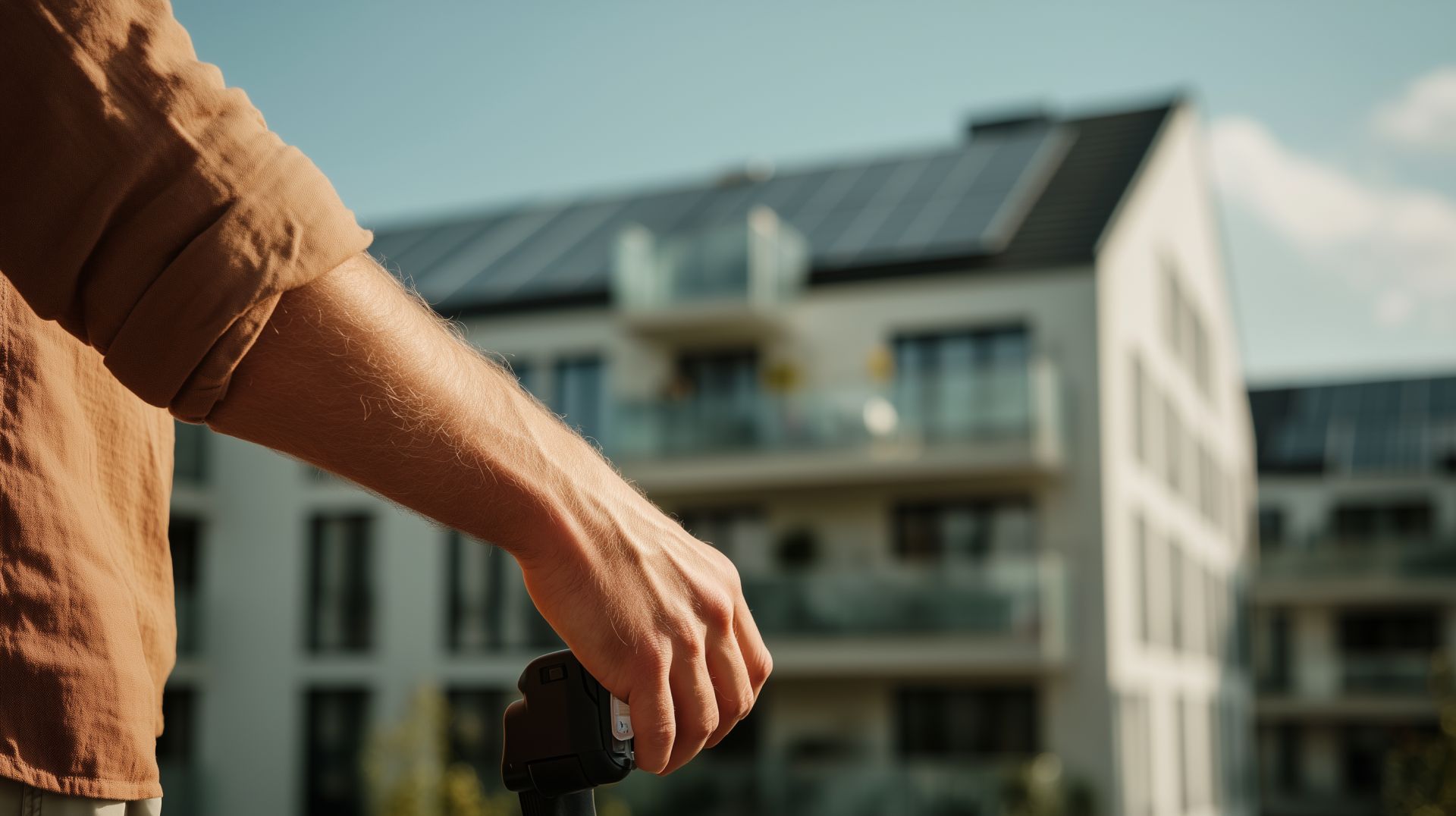 Inspector’s hand on drone controller, PV roof of a modern multi‑family house in the background – energy consulting Hamburg.