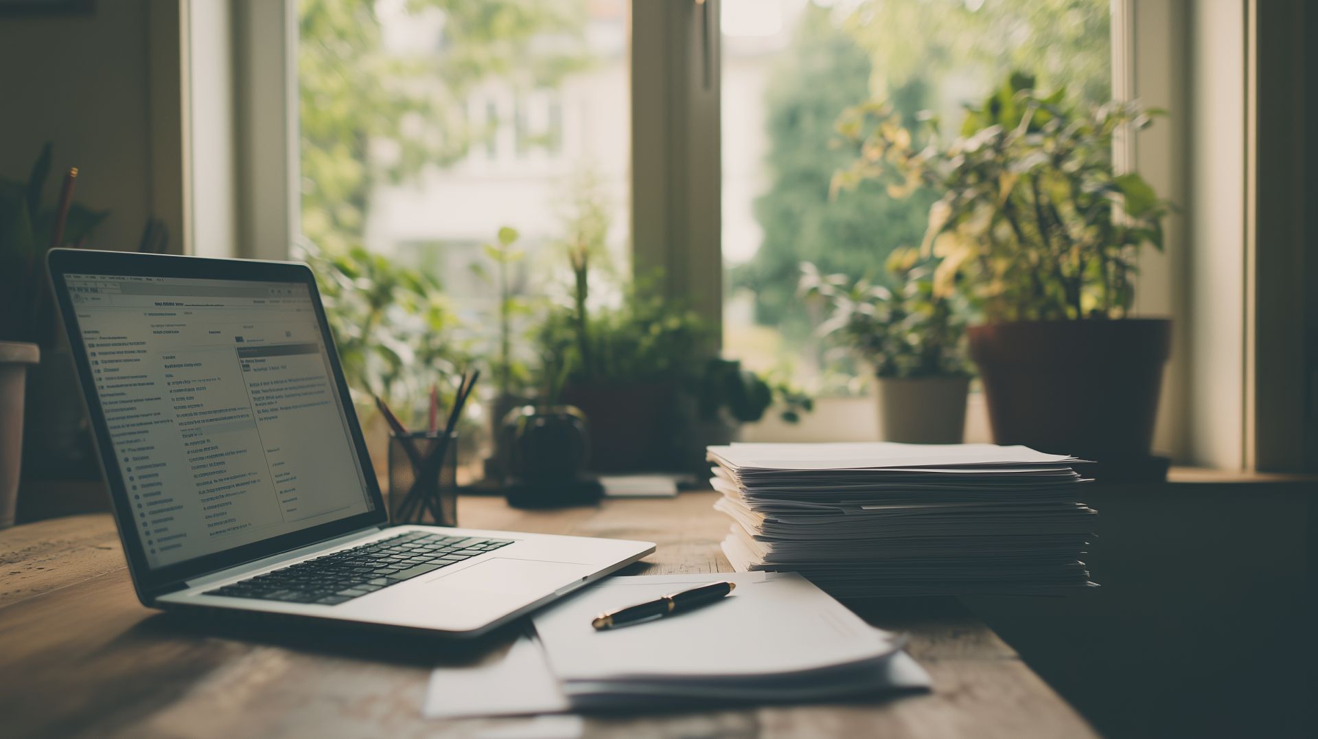 Laptop with valuation software and files on a wooden desk by a window – funding and valuation advisory Hamburg.