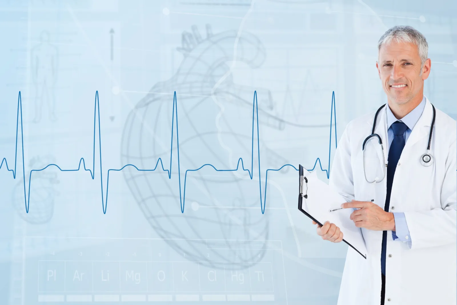 Smiling cardiologist with a clipboard next to a heart rhythm graphic