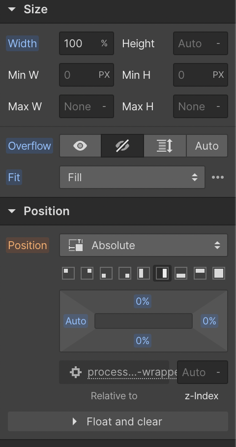 webflow size Einstellungen