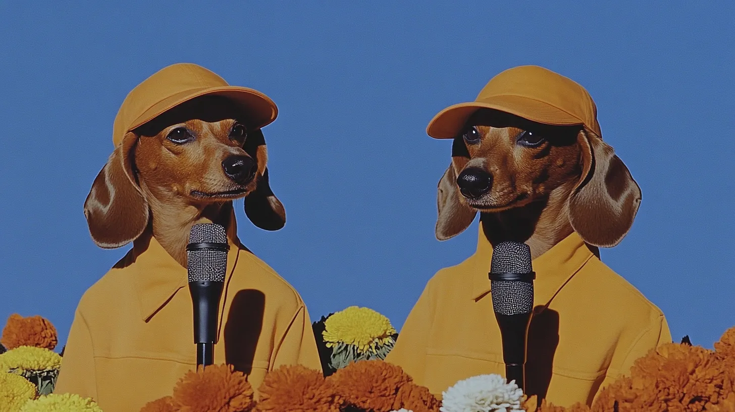 Two dachshund dogs wearing matching yellow caps and jackets, each speaking into a microphone, with orange, yellow, and white flowers in front against a clear blue sky.