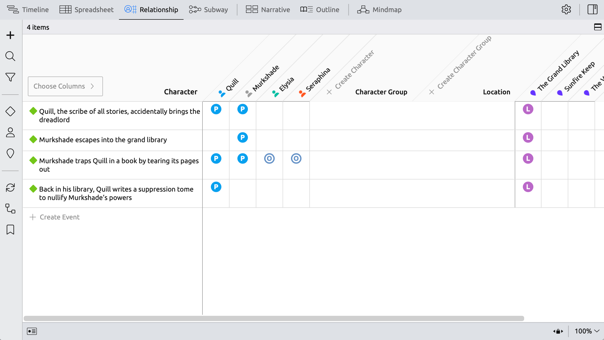 The relationship view in Aeon Timeline