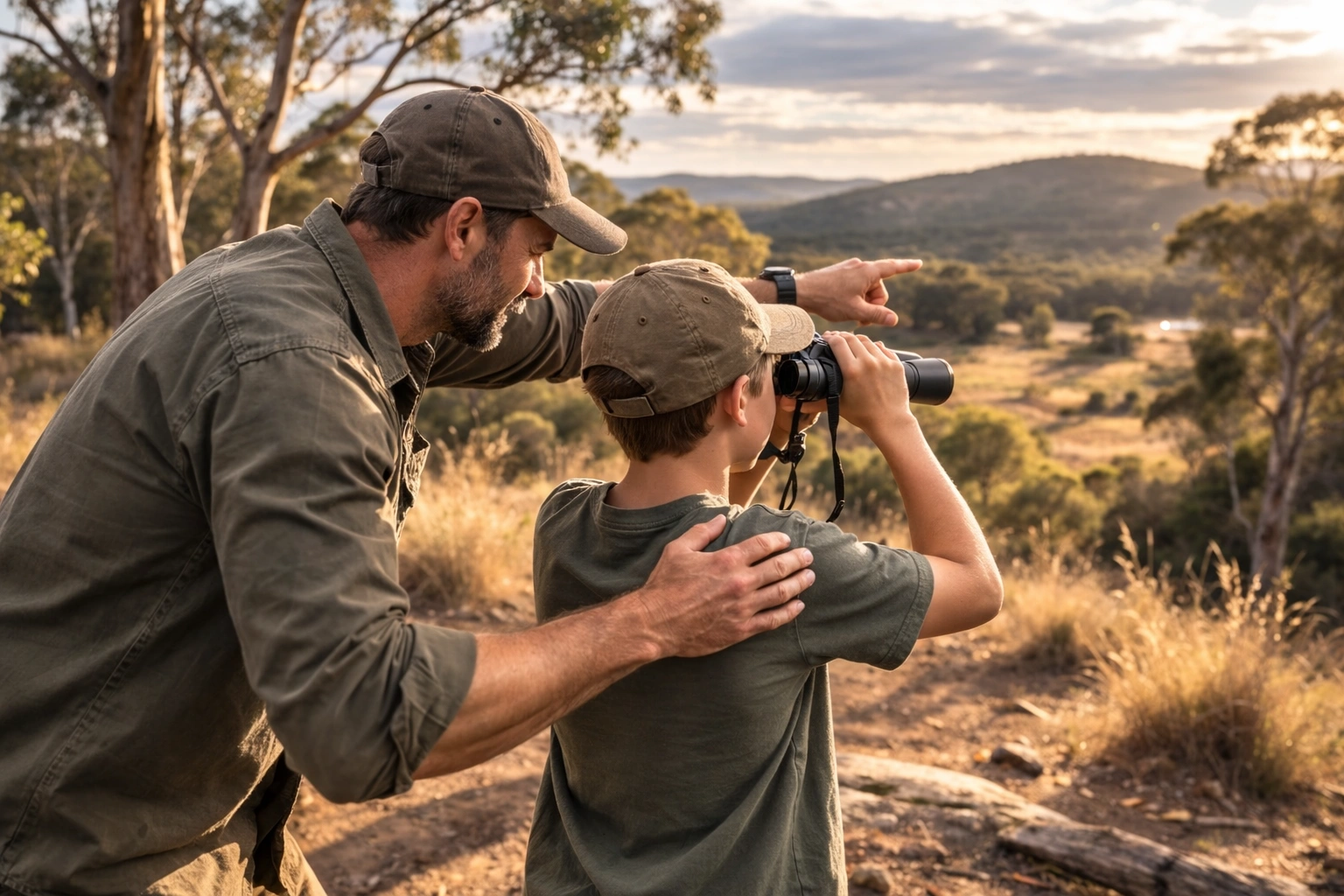 “Father and son in outdoor gear, engaging in target shooting or hunting with binoculars” This image depicts a mentor teaching shooting sports in a safe environment, symbolising the heritage and training aspect of shooting clubs.