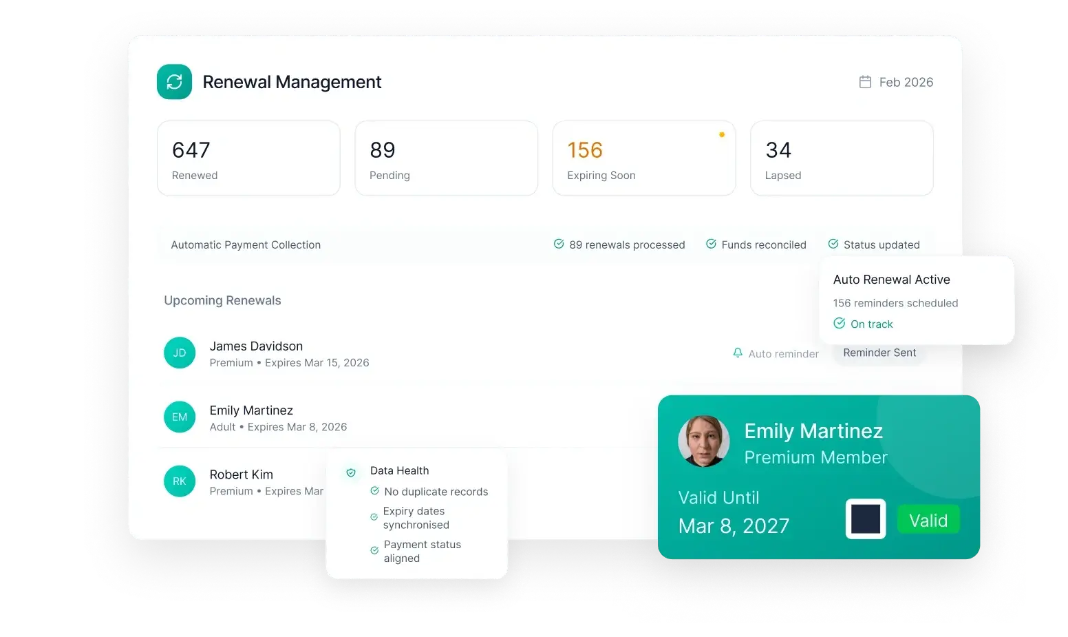 Membership renewal management dashboard showing automated renewal reminders and tracking in SquadSpot