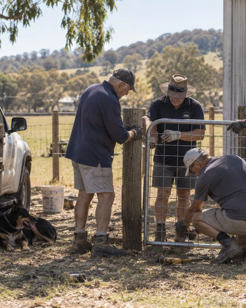 Members at a Saturday working bee re-hanging a farm gate beside a shed