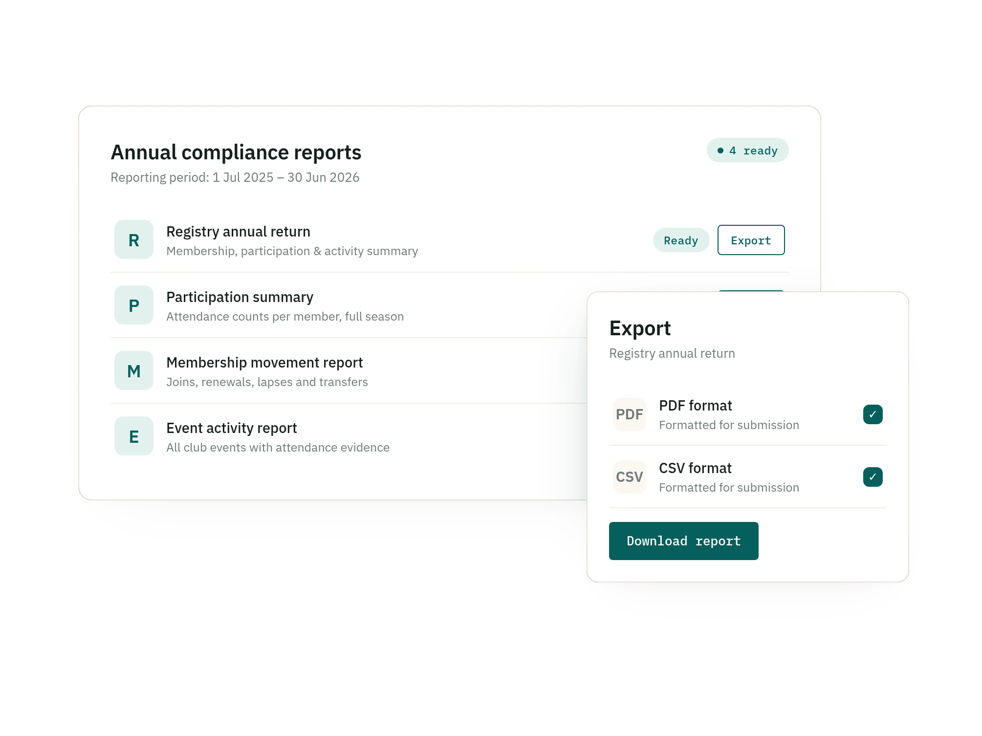 SquadSpot annual compliance report exports