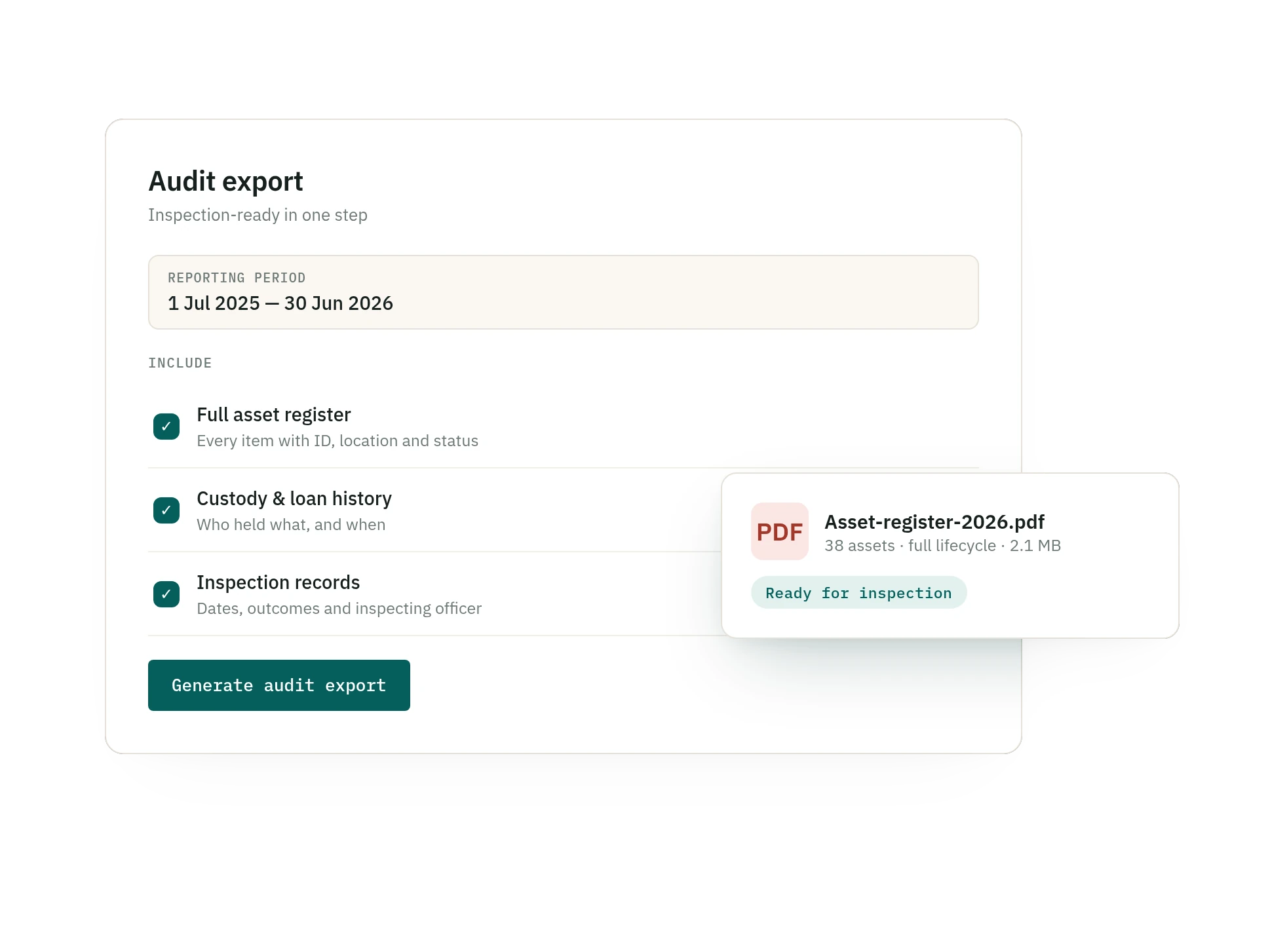 SquadSpot audit-ready asset register export