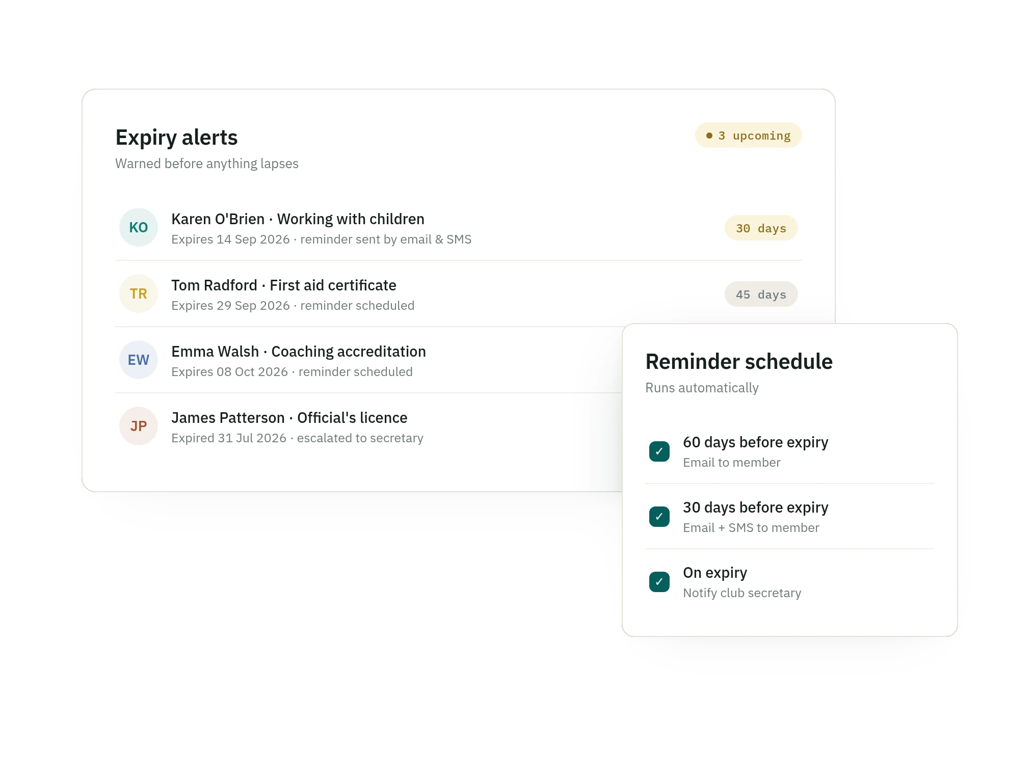 SquadSpot automatic credential expiry alerts