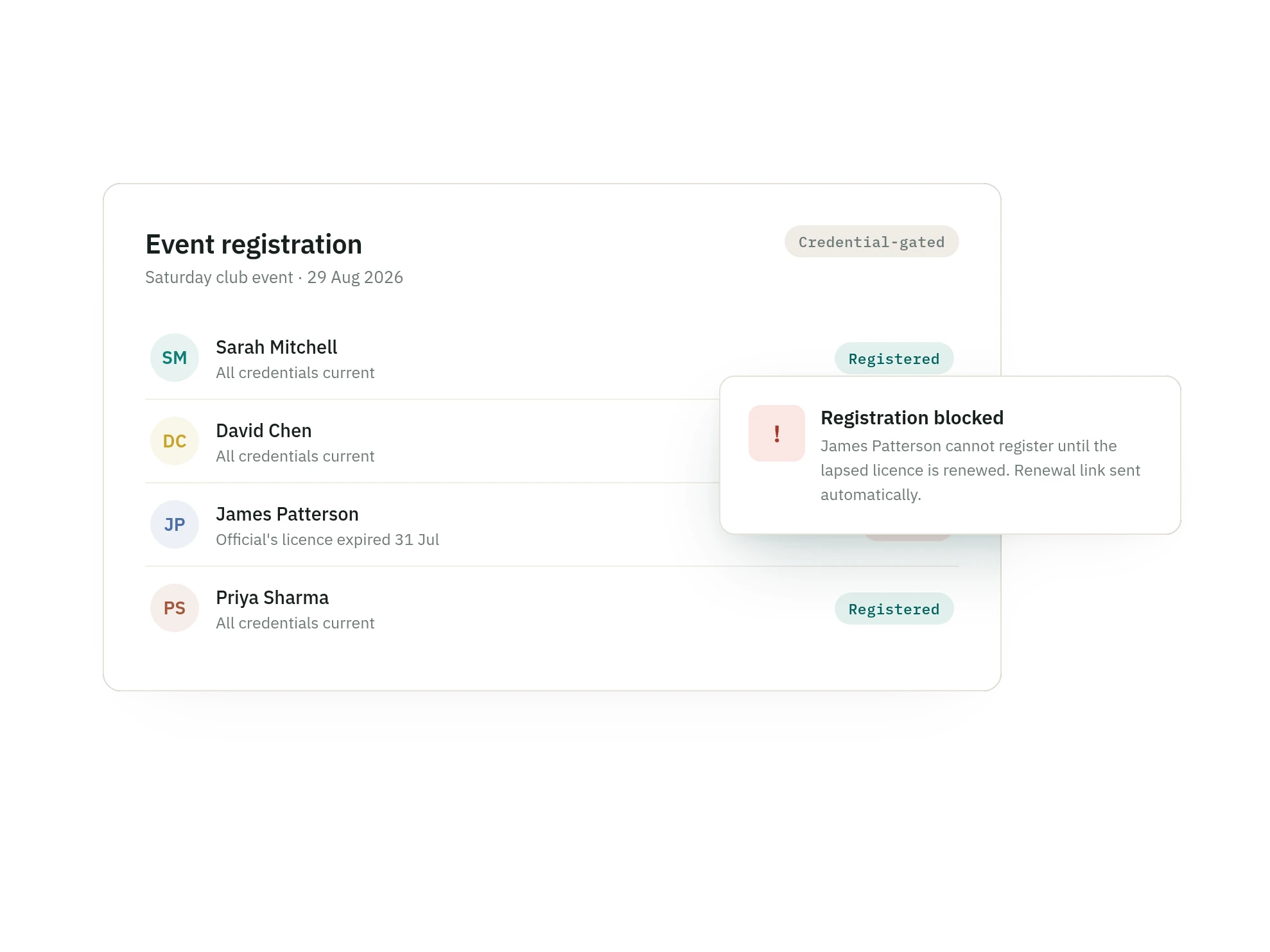 SquadSpot credential-gated event registration