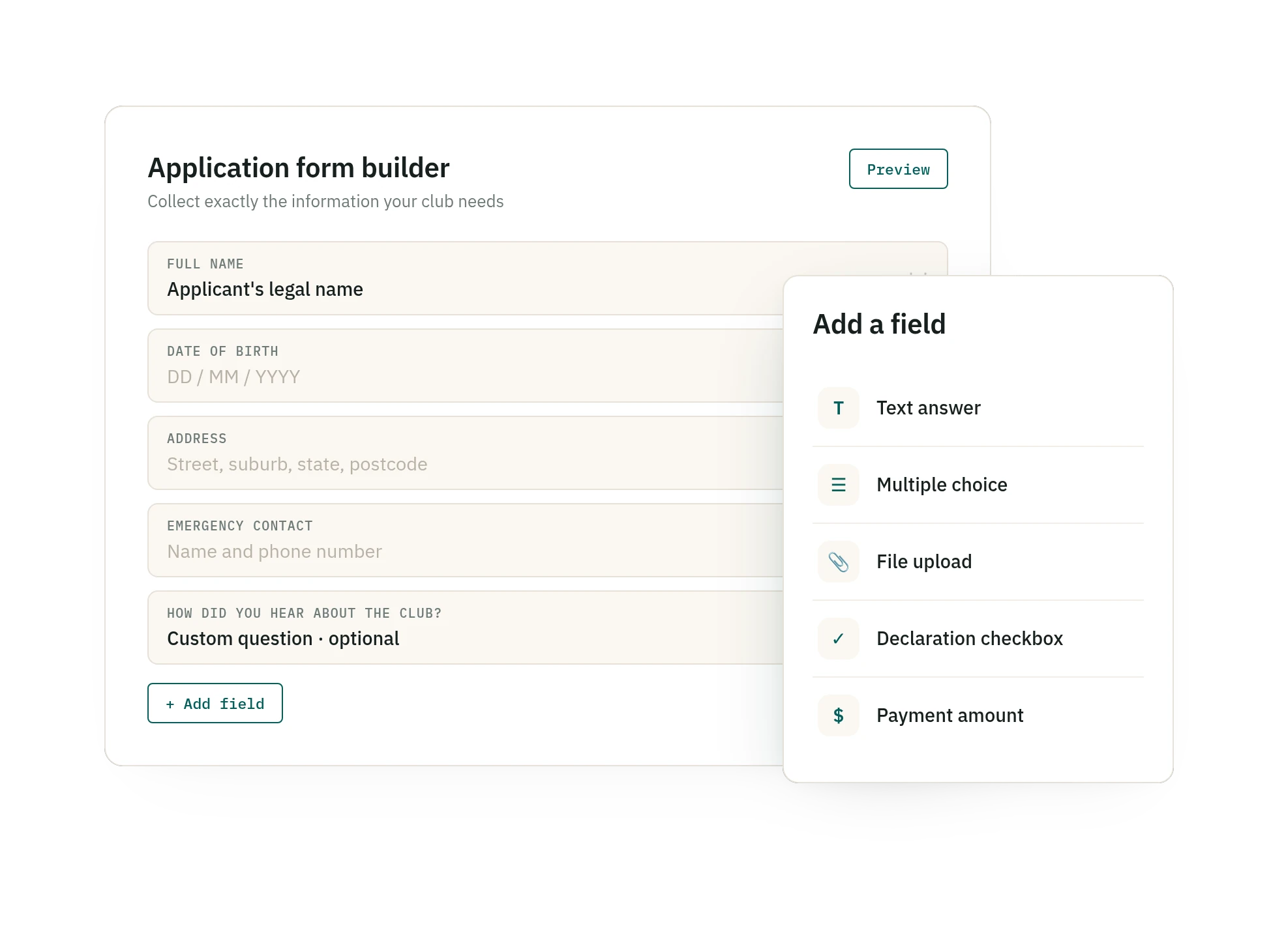 SquadSpot customisable member application form builder