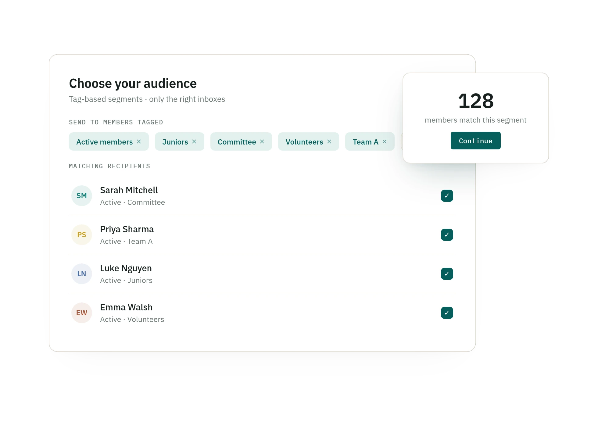 SquadSpot tag-based member segmentation