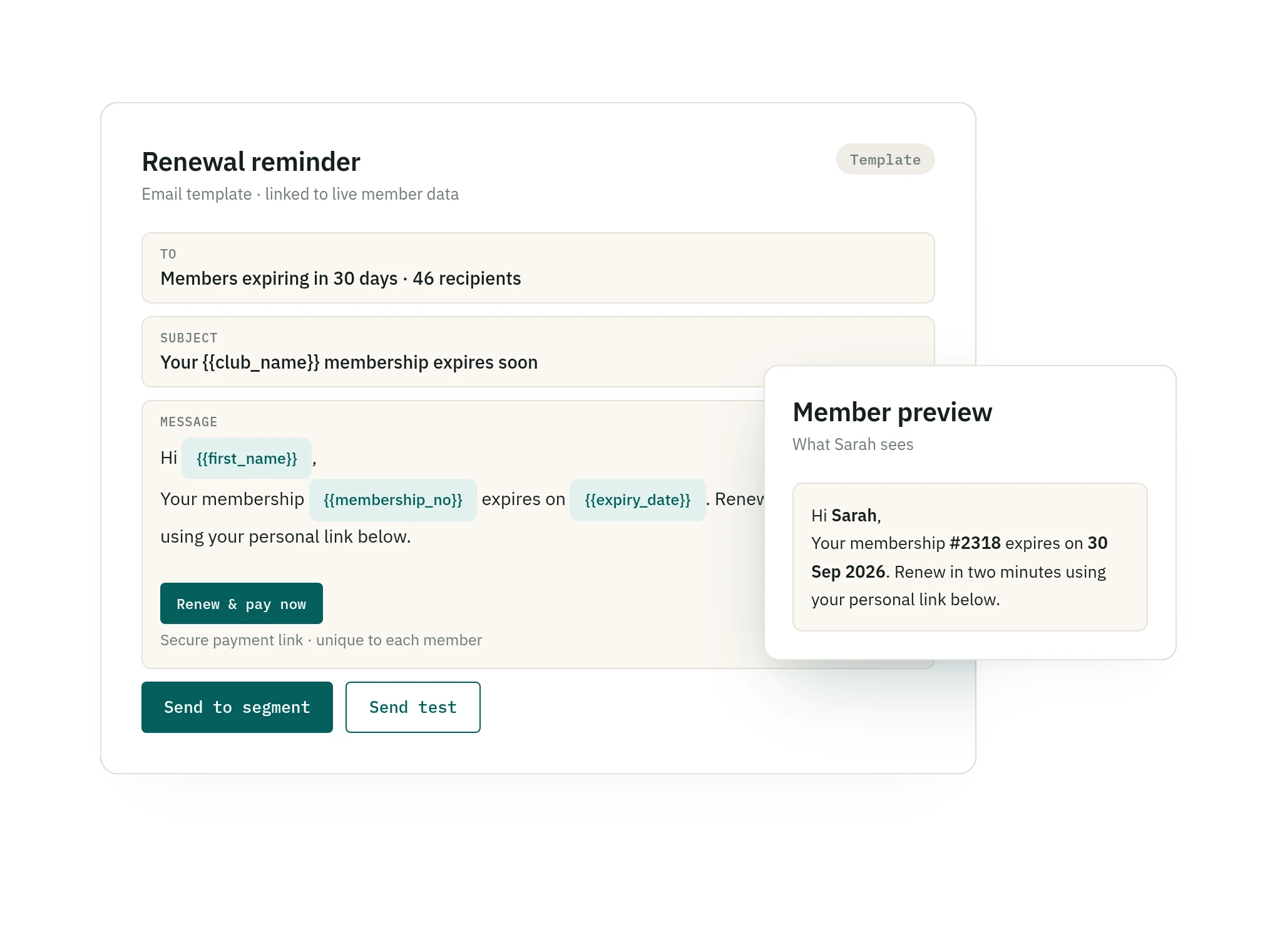 SquadSpot email template with dynamic member data and payment link