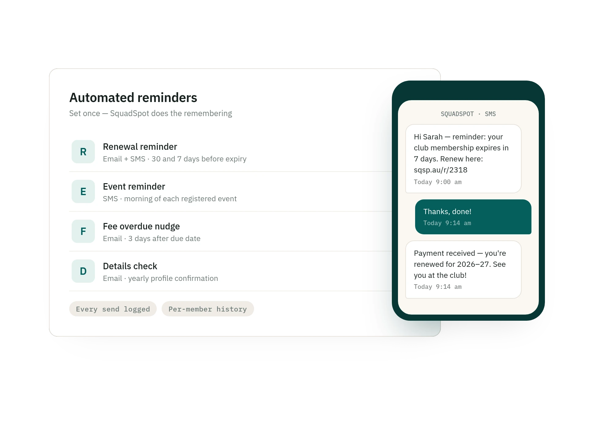 SquadSpot SMS messaging and automated reminders