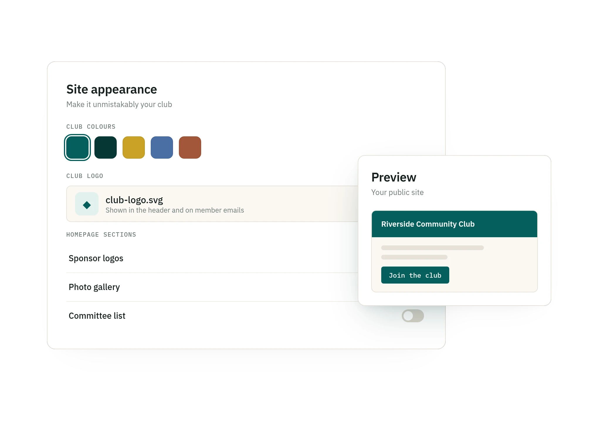 SquadSpot club website customisation settings