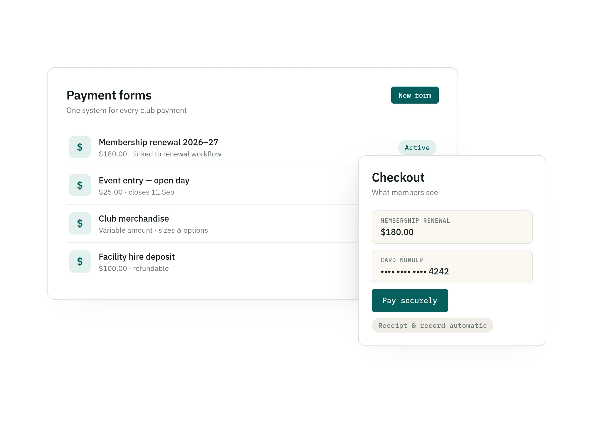 SquadSpot flexible club payment forms