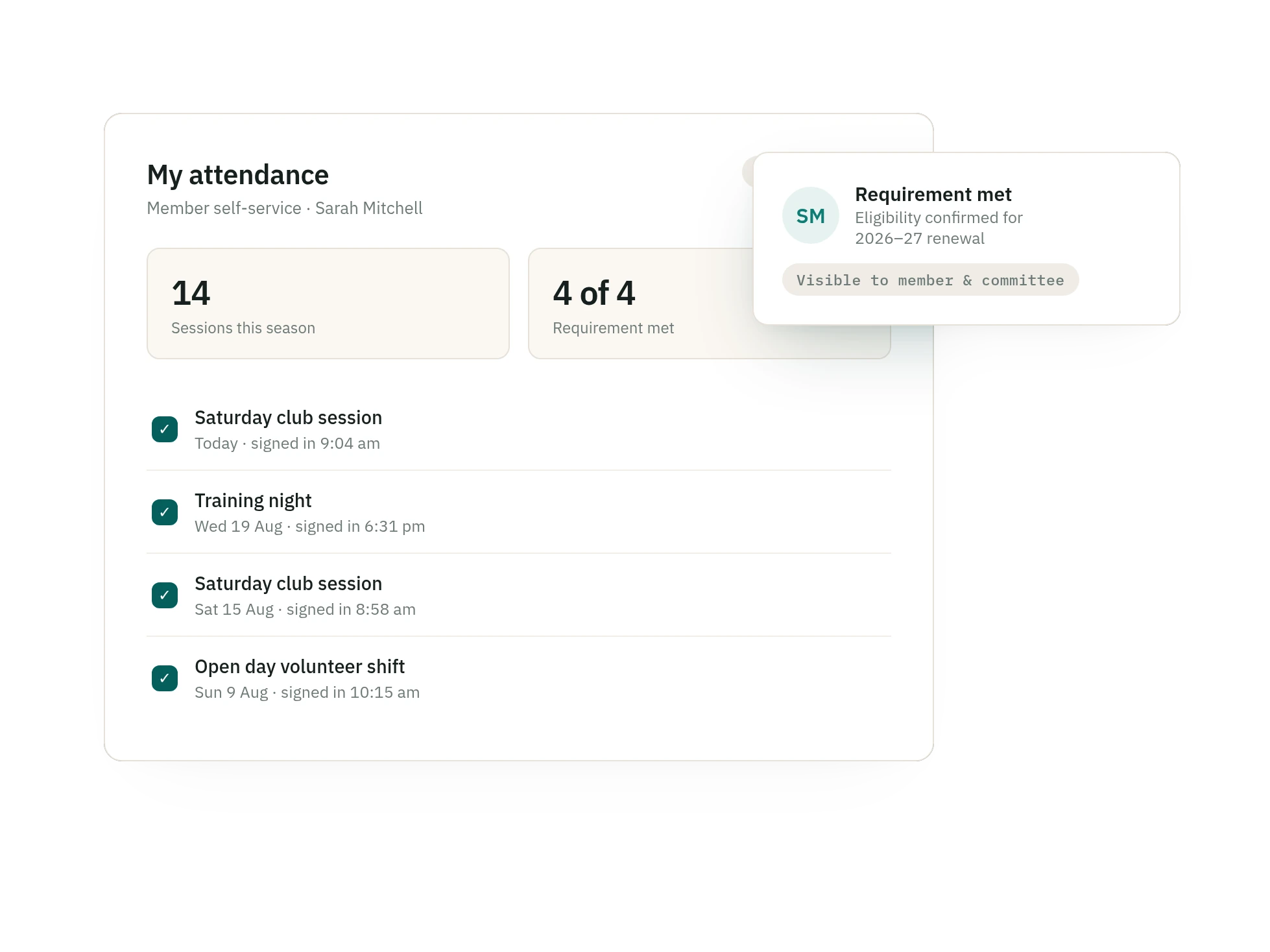 SquadSpot member self-service attendance history