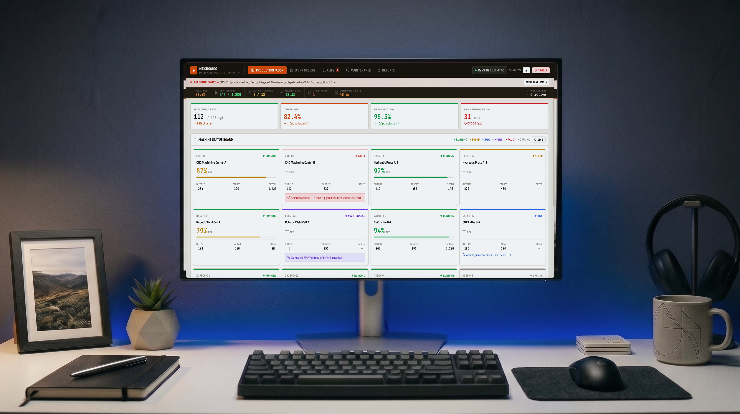 A desk with a monitor displaying a manufacturing operations dashboard, invisibly watermarked by EchoMark Screen