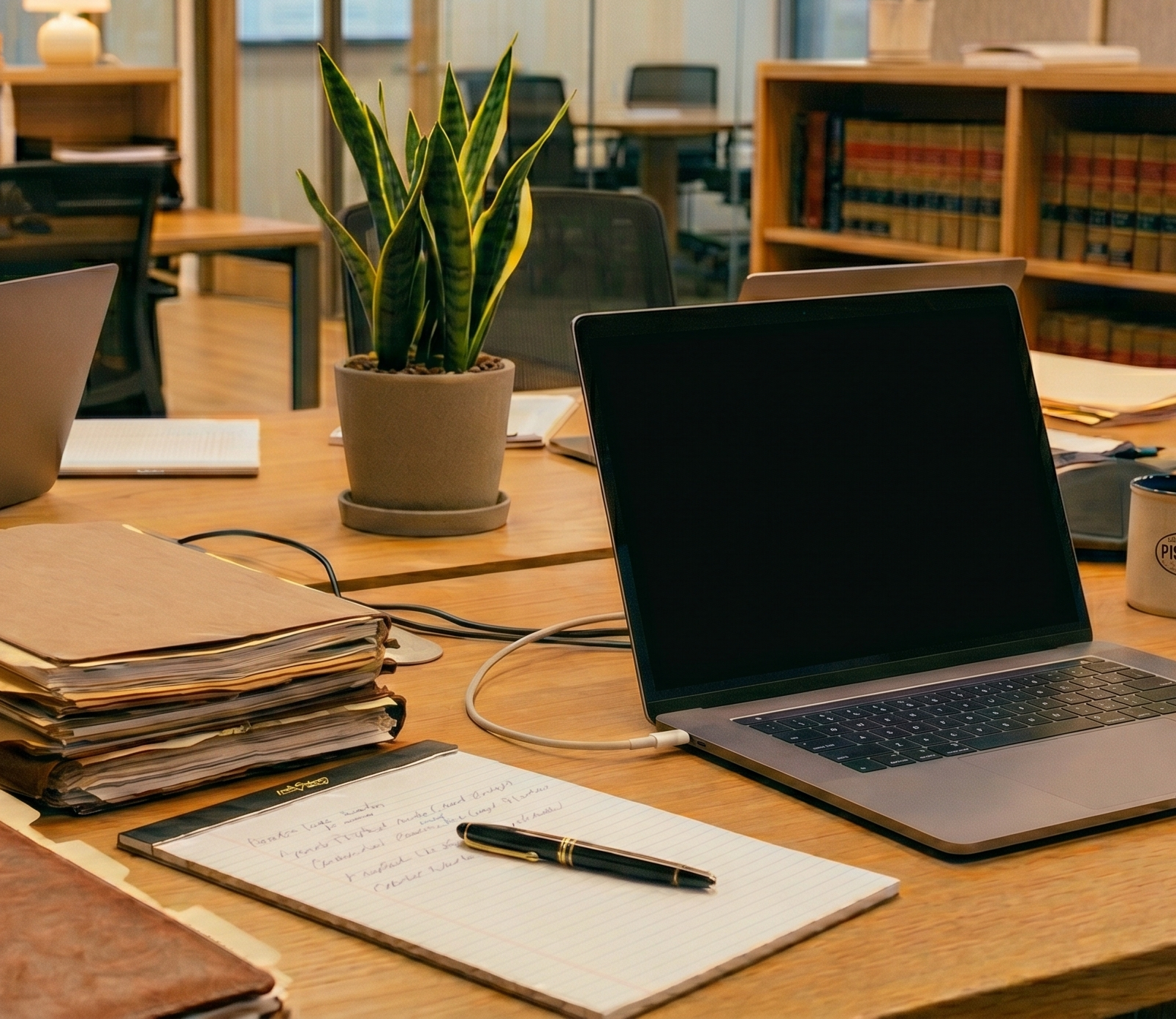 Law firm office with stacked case files and laptops — protected with EchoMark invisible watermarking