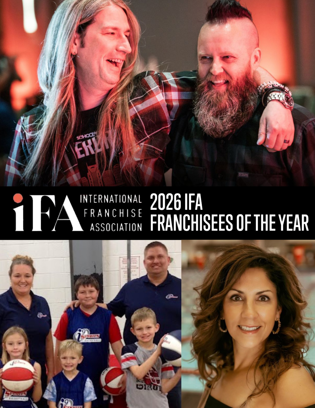 2026 IFA Franchisees of the Year from Youth Enrichment Brands: Dan Moore and Quinn Lukas of School of Rock Wexford and South Hills, Jay and Danielle Mechtly of i9 Sports Wilmington, and Amy Albiero of SafeSplash Swim School + SwimLabs Louisville
